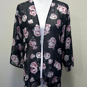 H & M Divided black and rose print sheer open cardigan, polyester, small